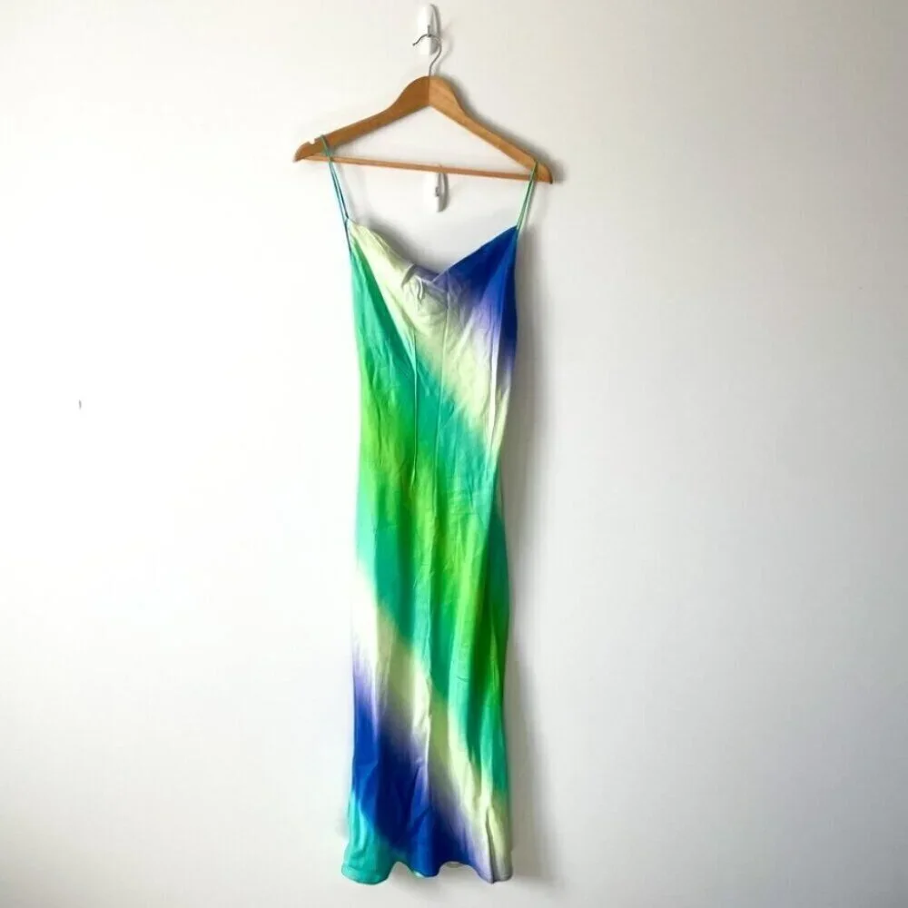 Zara Multicolored Tie Dye Satin Effect Cross Back Midi Dress Blue Green Ombre XS